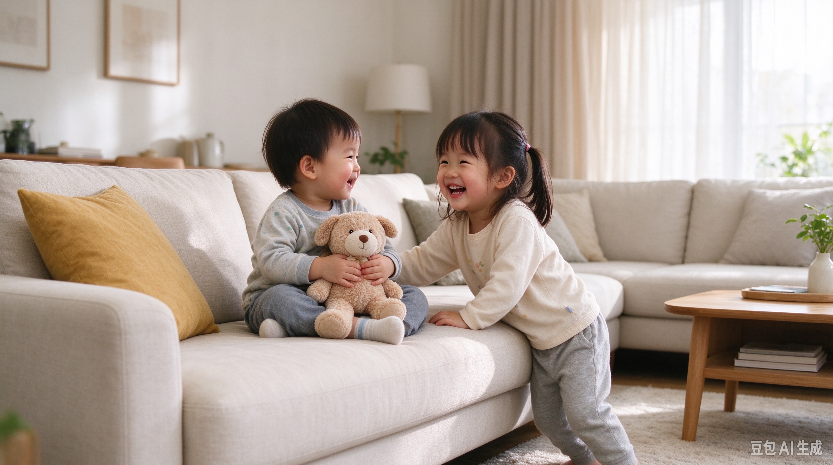 两个小孩在沙发上玩耍