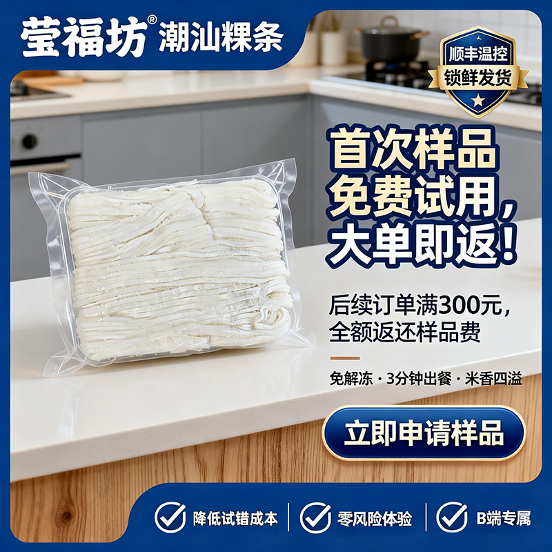 jimeng-2026-02-06-9609-电商主图,食品B2B推广,高清摄影风格,左侧展示一包「莹福坊潮汕粿条」速冻产品(....png